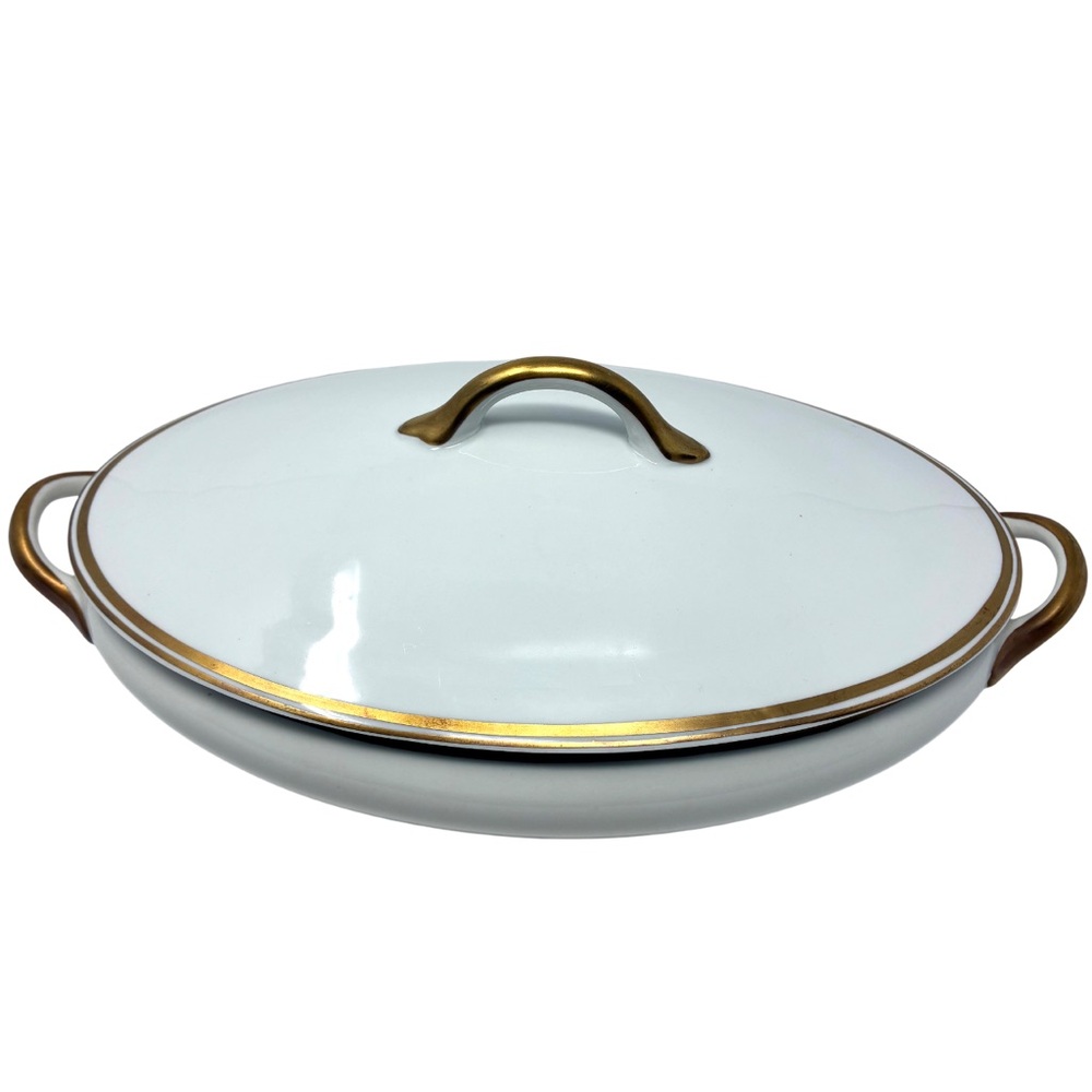 Vintage Syracuse China Old Colony Ivory O.P.CO Gold Trim Covered Vegetable Bowl